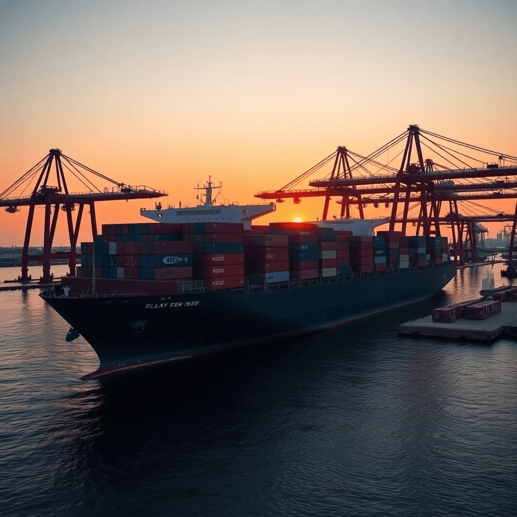 modern container ship at port with cranes loading containers at sunset, professional logistics photography