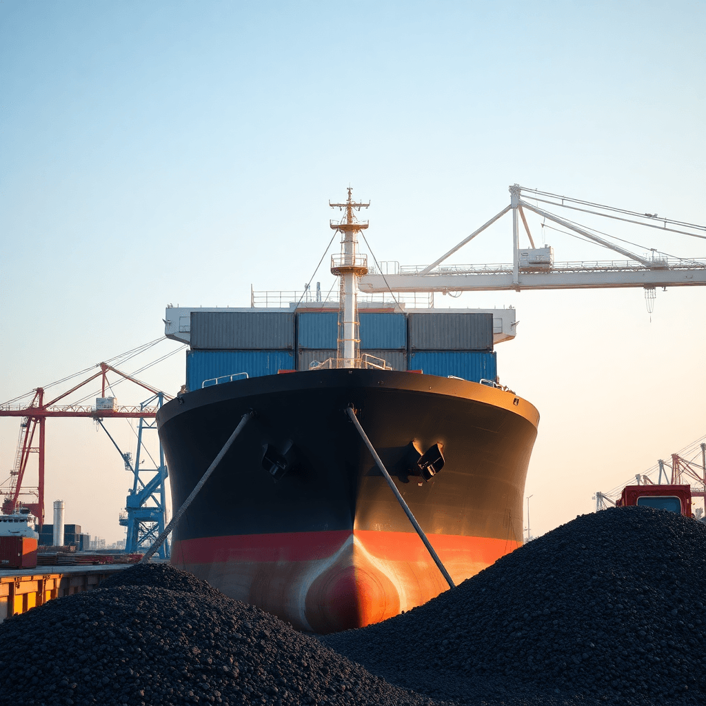 bulk cargo ship loading grain or coal, industrial port operations