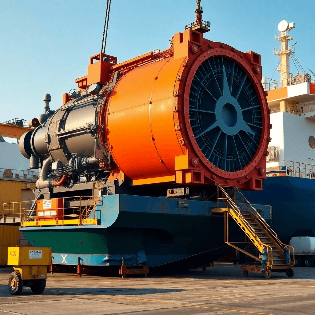 oversized industrial machinery being loaded onto cargo ship, heavy equipment logistics
