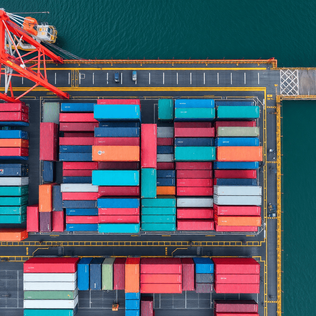 shipping containers stacked at port terminal, aerial view, modern logistics